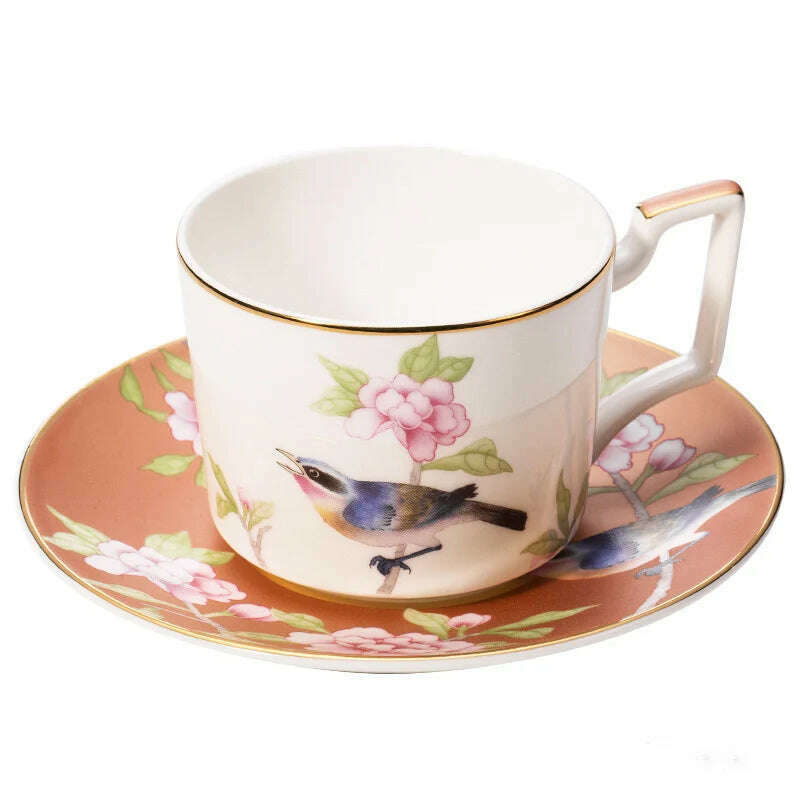 KIMLUD, Bone China Tableware Set Peony Cold Dish Cuckoo Cup Set Golden Edge Steak Tray Chinese Style Dinner Plate Flower Bird Coffee Cup, KIMLUD Womens Clothes