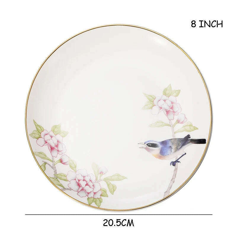 KIMLUD, Bone China Tableware Set Peony Cold Dish Cuckoo Cup Set Golden Edge Steak Tray Chinese Style Dinner Plate Flower Bird Coffee Cup, Model B, KIMLUD Womens Clothes