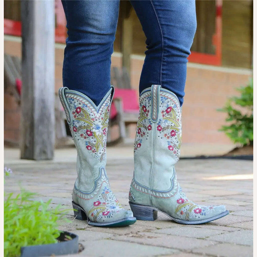 KIMLUD, BONJOMARISA Ladies Platform Chunky Cowboy Embroidery Slip On Western Boots Women Sewing Floral Casual Leisure Ridding Boots, KIMLUD Womens Clothes