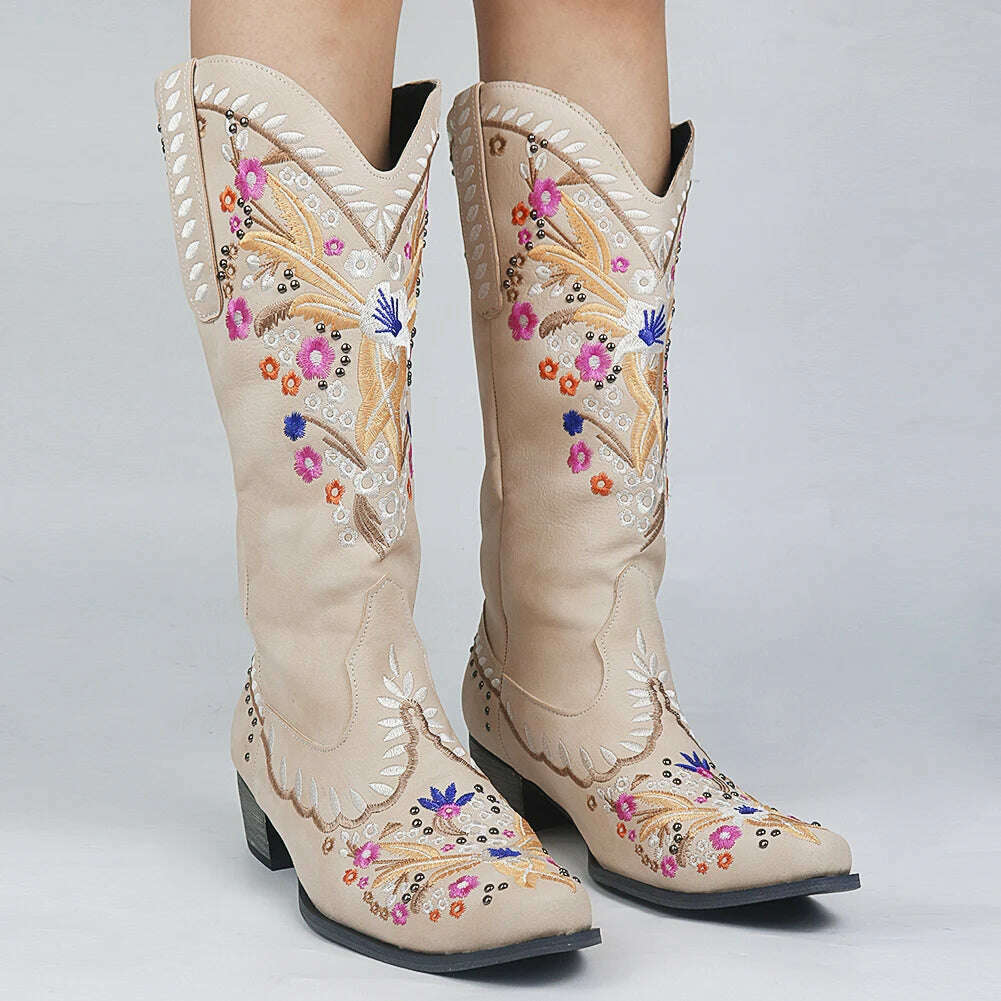 KIMLUD, BONJOMARISA Ladies Platform Chunky Cowboy Embroidery Slip On Western Boots Women Sewing Floral Casual Leisure Ridding Boots, KIMLUD Womens Clothes