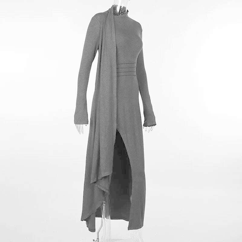 KIMLUD, BOOFEENAA Asymmetrical Knit Long Dresses for Women Winter Fashion Kendall Outfits Gray Black Sexy Long Sleeve Slit DressC66-EH60, KIMLUD Womens Clothes