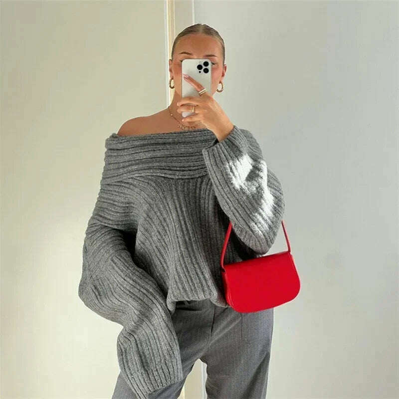 KIMLUD, BOOFEENAA Oversized Knitted Sweater Grey Irregular Off Shoulder Long Sleeve Top for Women Pullovers Winter Comfy Jumper C87-EZ58, GRAY / S, KIMLUD Womens Clothes