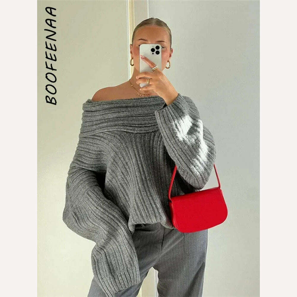 KIMLUD, BOOFEENAA Oversized Knitted Sweater Grey Irregular Off Shoulder Long Sleeve Top for Women Pullovers Winter Comfy Jumper C87-EZ58, KIMLUD Womens Clothes