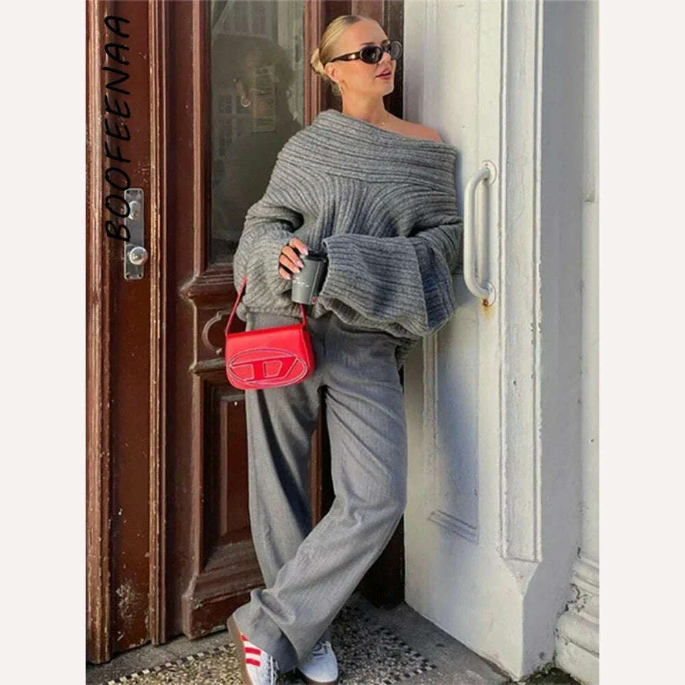 KIMLUD, BOOFEENAA Oversized Knitted Sweater Grey Irregular Off Shoulder Long Sleeve Top for Women Pullovers Winter Comfy Jumper C87-EZ58, KIMLUD Womens Clothes