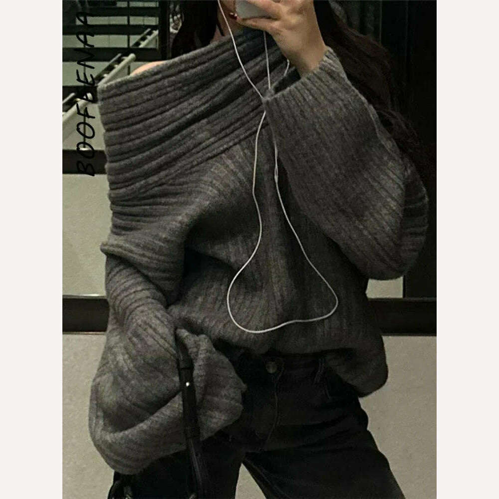KIMLUD, BOOFEENAA Oversized Knitted Sweater Grey Irregular Off Shoulder Long Sleeve Top for Women Pullovers Winter Comfy Jumper C87-EZ58, KIMLUD Womens Clothes