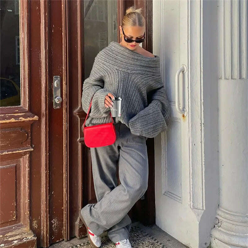 KIMLUD, BOOFEENAA Oversized Knitted Sweater Grey Irregular Off Shoulder Long Sleeve Top for Women Pullovers Winter Comfy Jumper C87-EZ58, KIMLUD Womens Clothes
