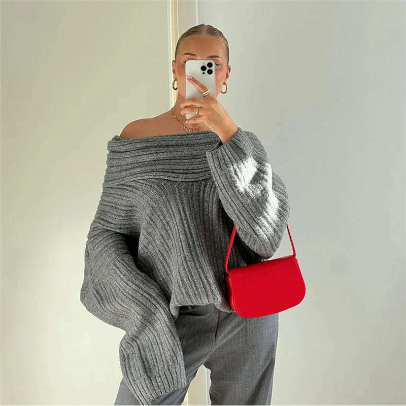 KIMLUD, BOOFEENAA Oversized Knitted Sweater Grey Irregular Off Shoulder Long Sleeve Top for Women Pullovers Winter Comfy Jumper C87-EZ58, KIMLUD Womens Clothes
