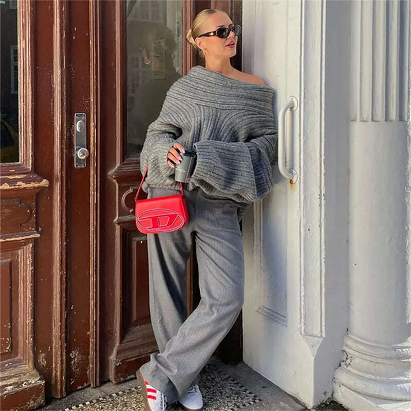 KIMLUD, BOOFEENAA Oversized Knitted Sweater Grey Irregular Off Shoulder Long Sleeve Top for Women Pullovers Winter Comfy Jumper C87-EZ58, KIMLUD Womens Clothes