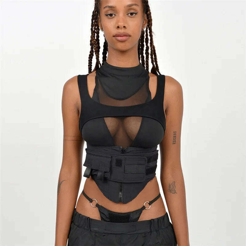 BOOFEENAA Street Fashion Sexy Black Cropped Tank Top See Through Mesh Patchwork Techwear Sleeveless Tshirts for Women C87-EZ25, KIMLUD Women's Clothes