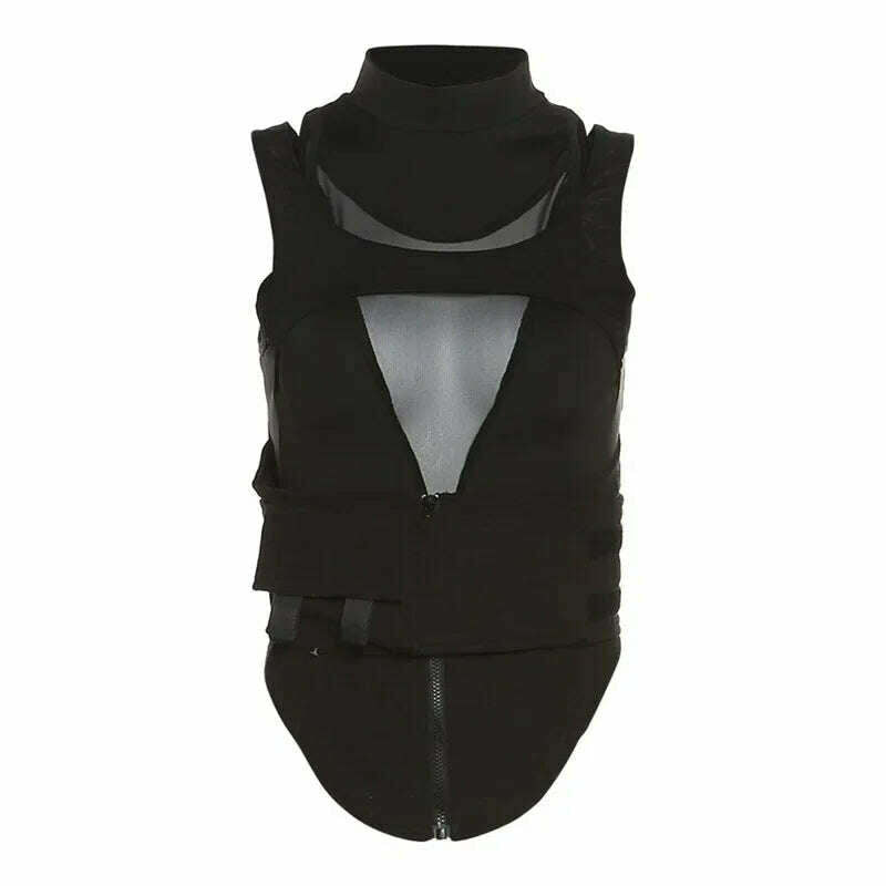 BOOFEENAA Street Fashion Sexy Black Cropped Tank Top See Through Mesh Patchwork Techwear Sleeveless Tshirts for Women C87-EZ25 - KIMLUD