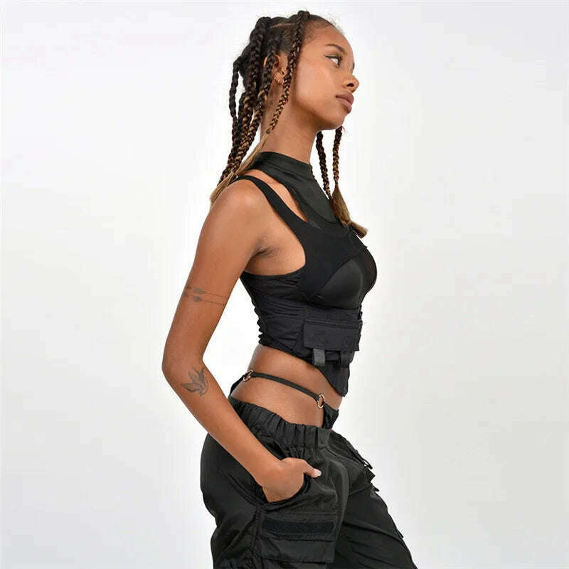 BOOFEENAA Street Fashion Sexy Black Cropped Tank Top See Through Mesh Patchwork Techwear Sleeveless Tshirts for Women C87-EZ25 - KIMLUD