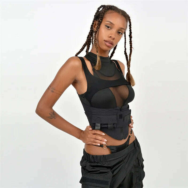 BOOFEENAA Street Fashion Sexy Black Cropped Tank Top See Through Mesh Patchwork Techwear Sleeveless Tshirts for Women C87-EZ25 - KIMLUD