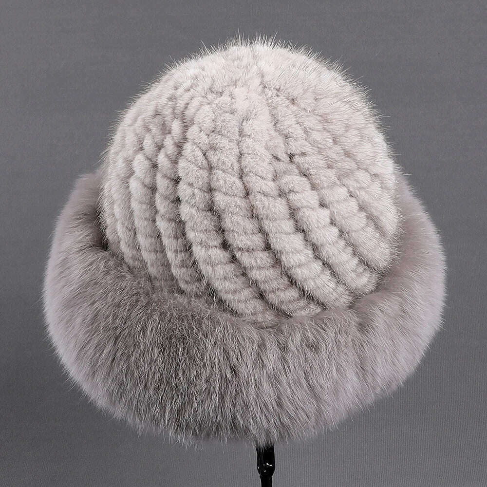 BOONJOVIA Women's Luxury Genuine Mink Fur Beanie Hat With Fox Fur Trim Brim Top Cap Lady Winter Fur Hats Warm Fluffy - KIMLUD