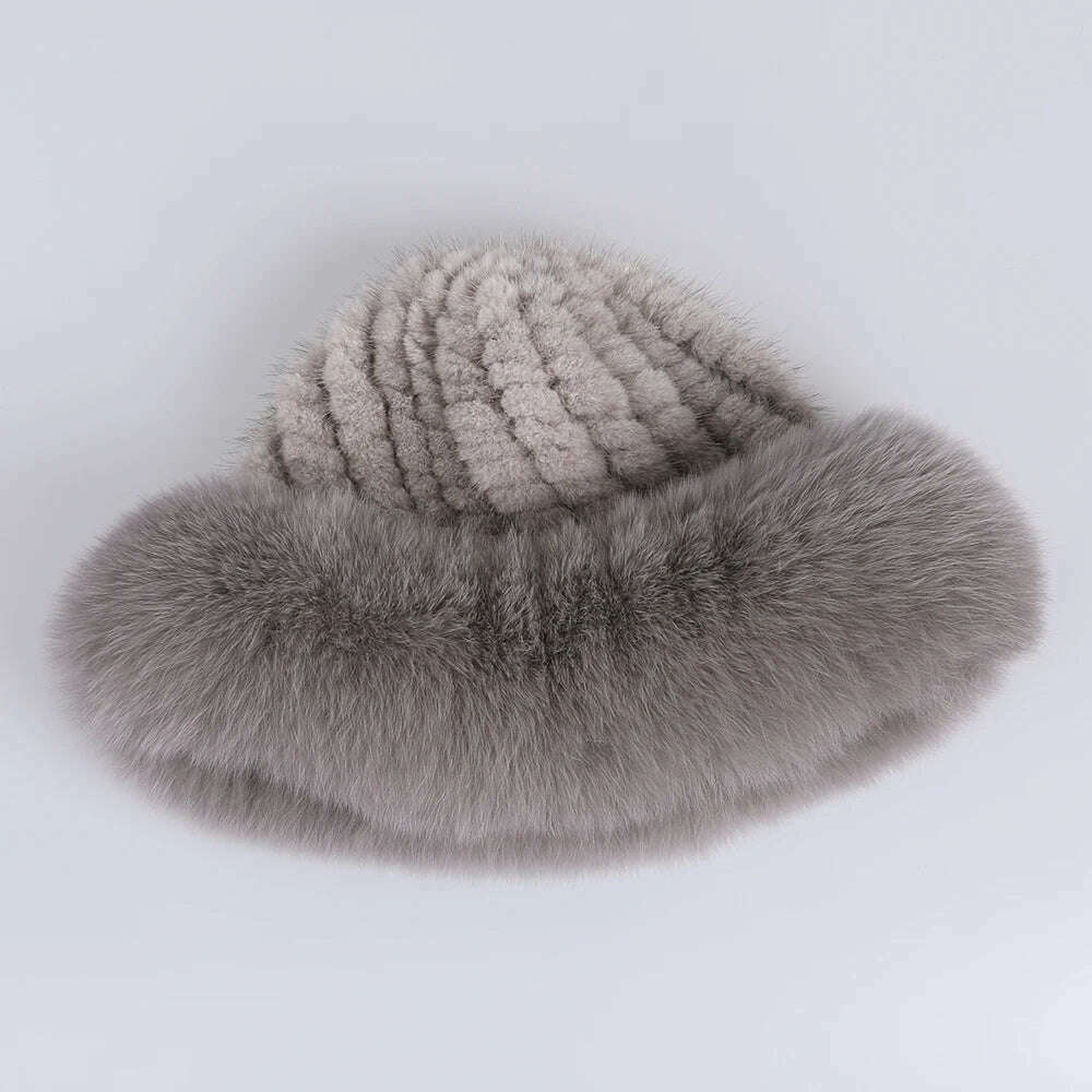 BOONJOVIA Women's Luxury Genuine Mink Fur Beanie Hat With Fox Fur Trim Brim Top Cap Lady Winter Fur Hats Warm Fluffy - KIMLUD