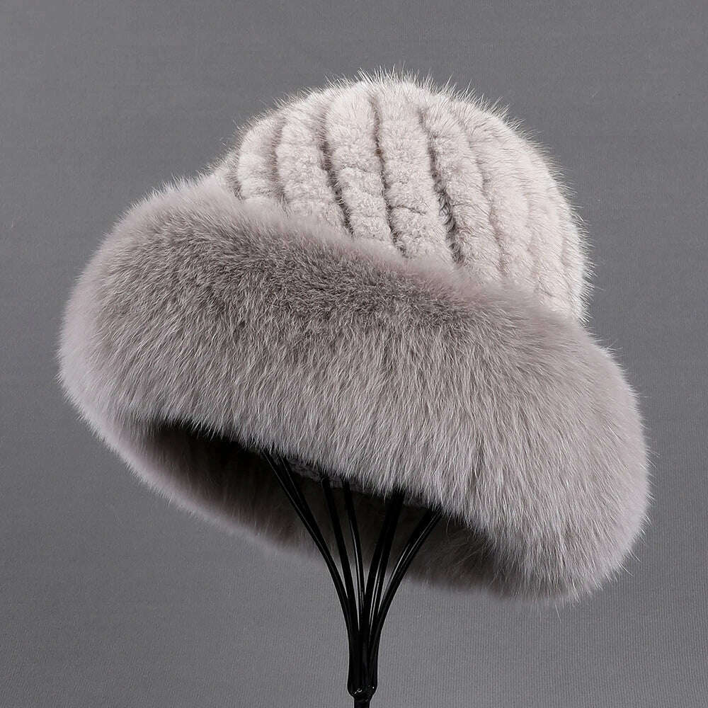 BOONJOVIA Women's Luxury Genuine Mink Fur Beanie Hat With Fox Fur Trim Brim Top Cap Lady Winter Fur Hats Warm Fluffy - KIMLUD