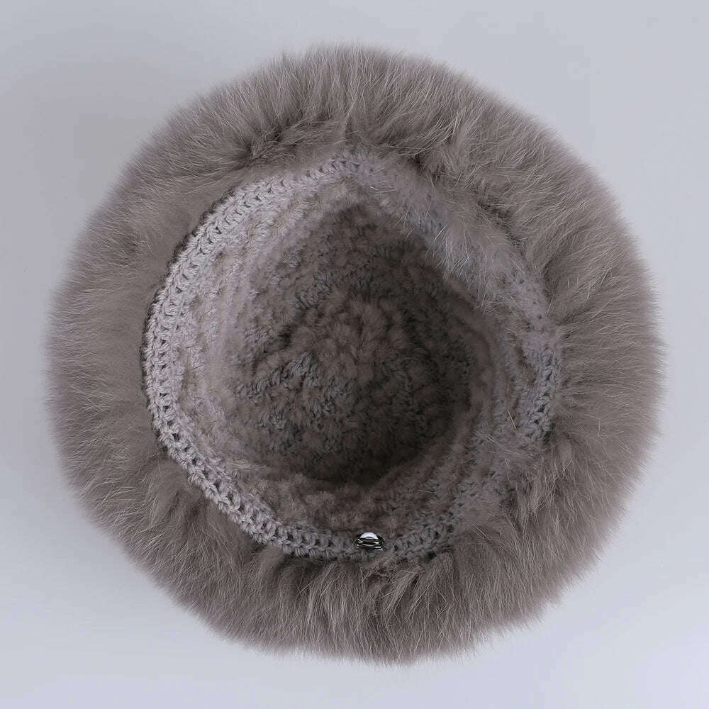 BOONJOVIA Women's Luxury Genuine Mink Fur Beanie Hat With Fox Fur Trim Brim Top Cap Lady Winter Fur Hats Warm Fluffy - KIMLUD