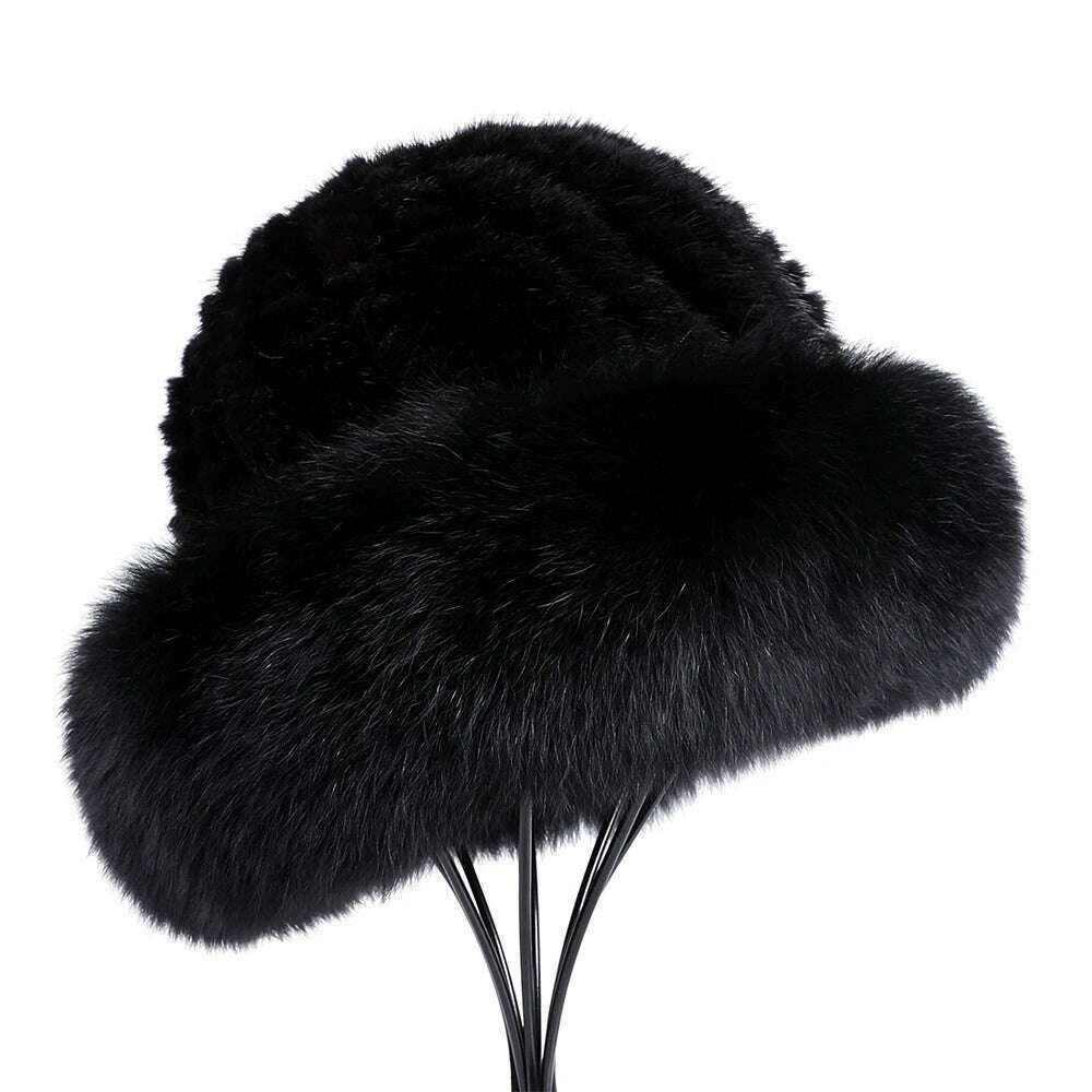 BOONJOVIA Women's Luxury Genuine Mink Fur Beanie Hat With Fox Fur Trim Brim Top Cap Lady Winter Fur Hats Warm Fluffy - KIMLUD