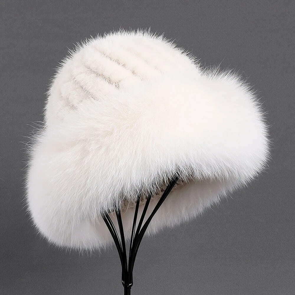 BOONJOVIA Women's Luxury Genuine Mink Fur Beanie Hat With Fox Fur Trim Brim Top Cap Lady Winter Fur Hats Warm Fluffy - KIMLUD
