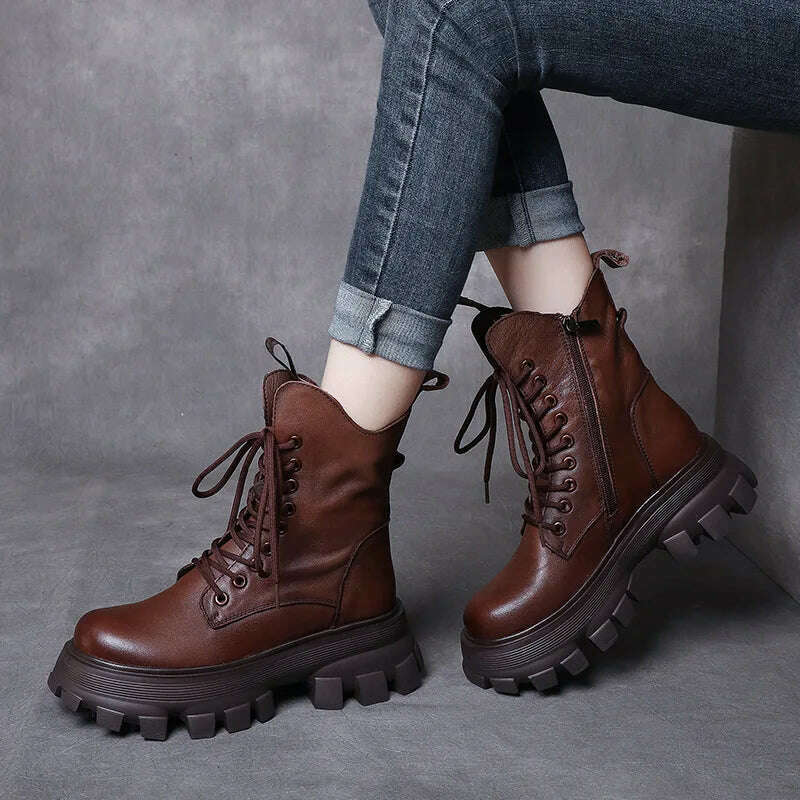 KIMLUD, Boots Woman Winter 2022 New Genuine Leather Thick Sole British Style Autumn Women Shoes Warm Plush Non-slip Short Platform Boots, KIMLUD Womens Clothes