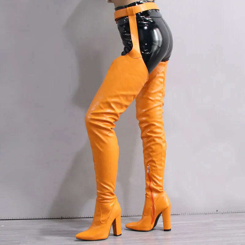 KIMLUD, Boots Women High Heels Thigh High Boots 2023 Sexy Color Big Size Side Zipper Belt Over The Knee Boots New Lady Shoes, Orange / 34, KIMLUD Women's Clothes