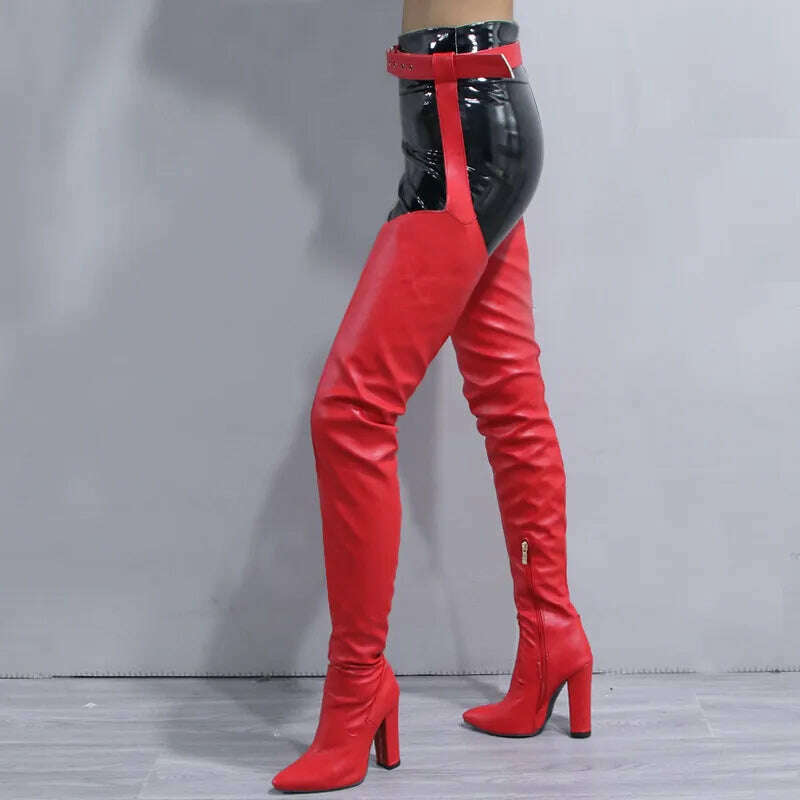 KIMLUD, Boots Women High Heels Thigh High Boots 2023 Sexy Color Big Size Side Zipper Belt Over The Knee Boots New Lady Shoes, Red / 34, KIMLUD Womens Clothes