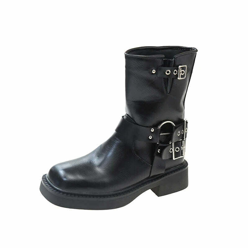 KIMLUD, Boots Women Rivet Platform Short Leather Boots Low-heel Black Designer Belt Buckle New Rock Shoes Cowboy Style Punk Booties, Auburn / 35, KIMLUD Women's Clothes