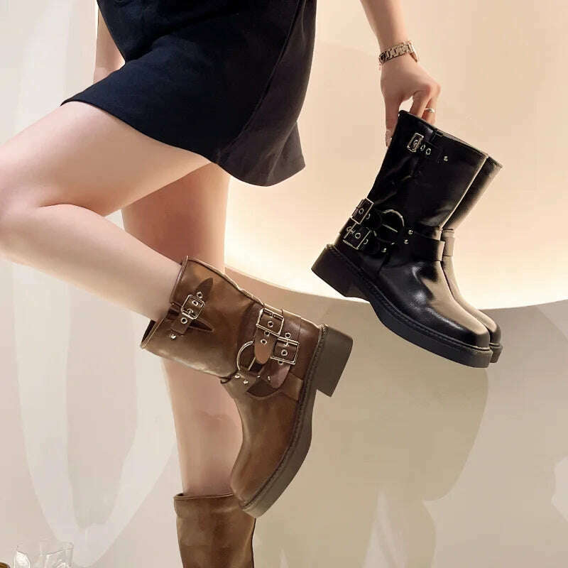 KIMLUD, Boots Women Rivet Platform Short Leather Boots Low-heel Black Designer Belt Buckle New Rock Shoes Cowboy Style Punk Booties, KIMLUD Womens Clothes