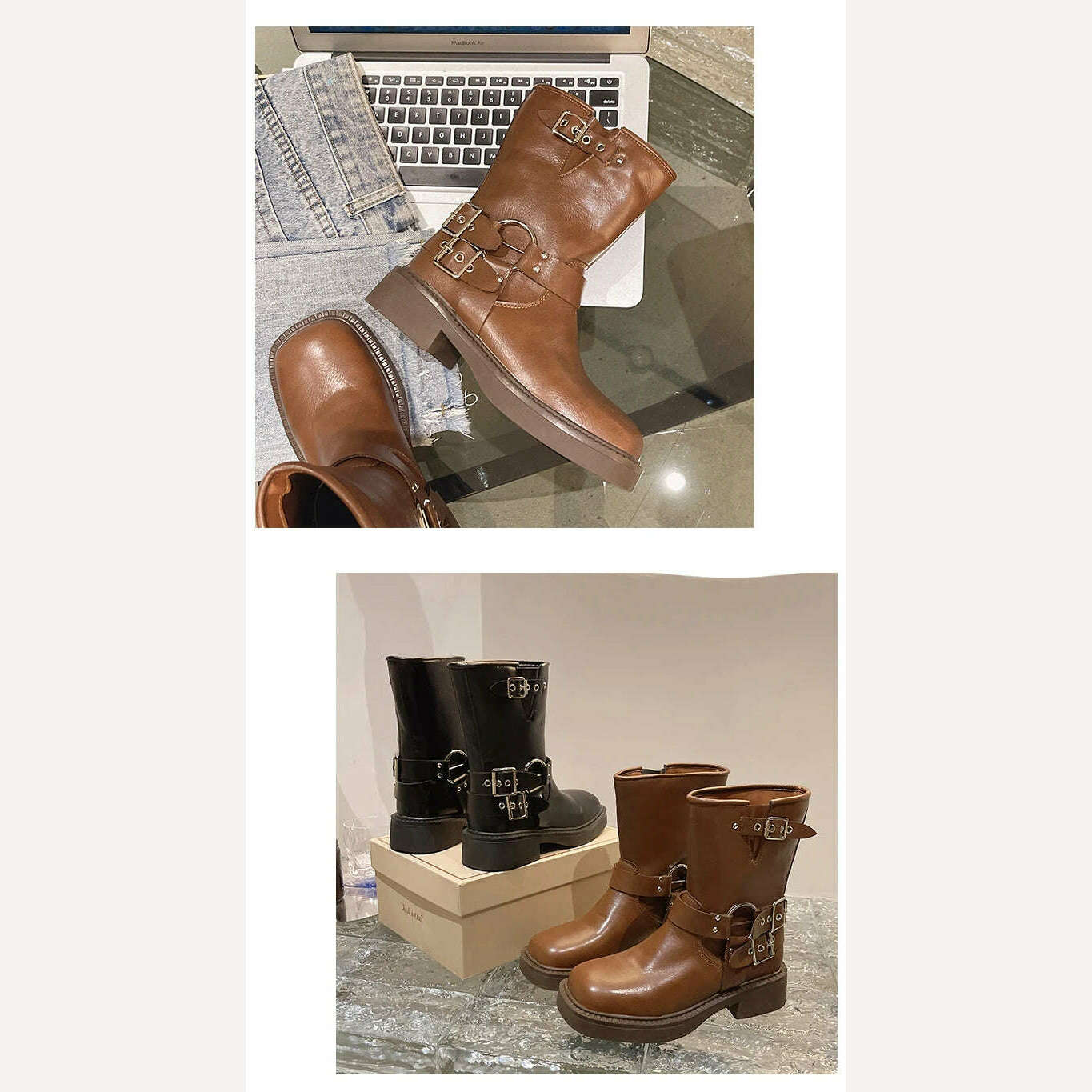KIMLUD, Boots Women Rivet Platform Short Leather Boots Low-heel Black Designer Belt Buckle New Rock Shoes Cowboy Style Punk Booties, KIMLUD Women's Clothes