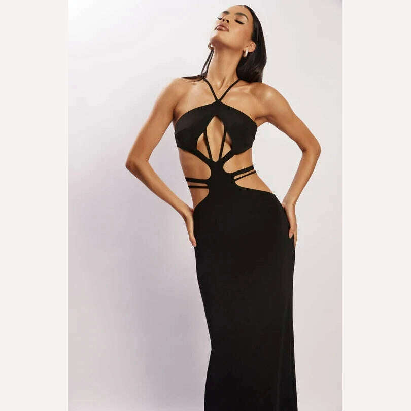 KIMLUD, BoozRey Black Halter Dress for Women Summer Hollow Bodycon Dress Strapless Sexy Party Club Evening Backless Elegant Maxi Dresses, Black / S, KIMLUD Womens Clothes