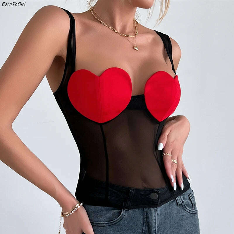 KIMLUD, BornToGirl Women's Y2K Streetwear Sleeveless Sexy Perspective Mesh Sling Black Red Love Crop Top Tank Tops, Black / S, KIMLUD Womens Clothes
