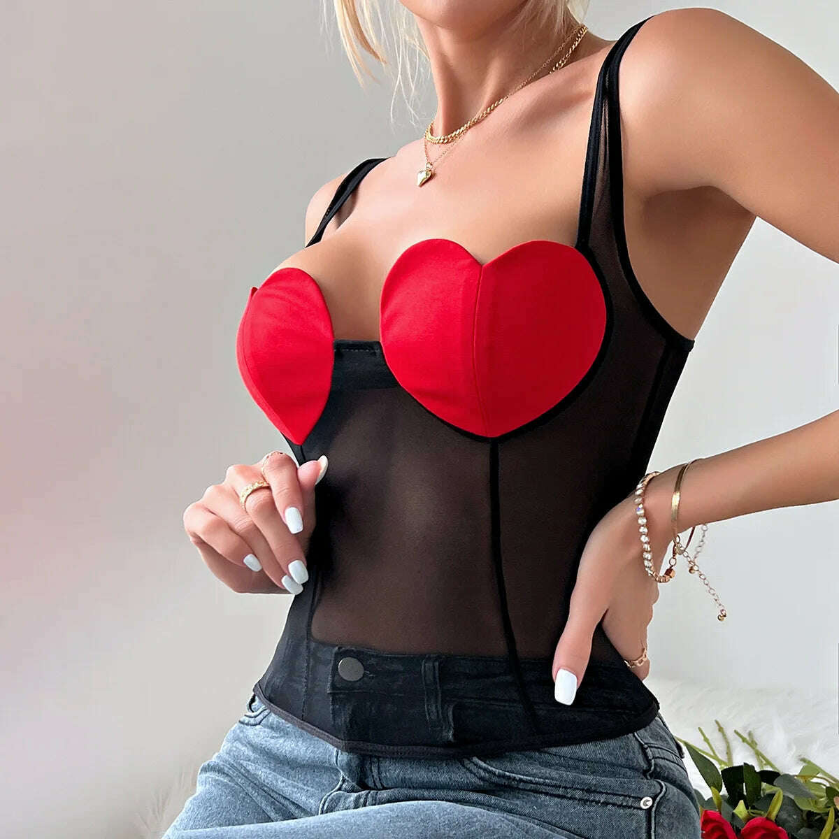 KIMLUD, BornToGirl Women's Y2K Streetwear Sleeveless Sexy Perspective Mesh Sling Black Red Love Crop Top Tank Tops, KIMLUD Womens Clothes