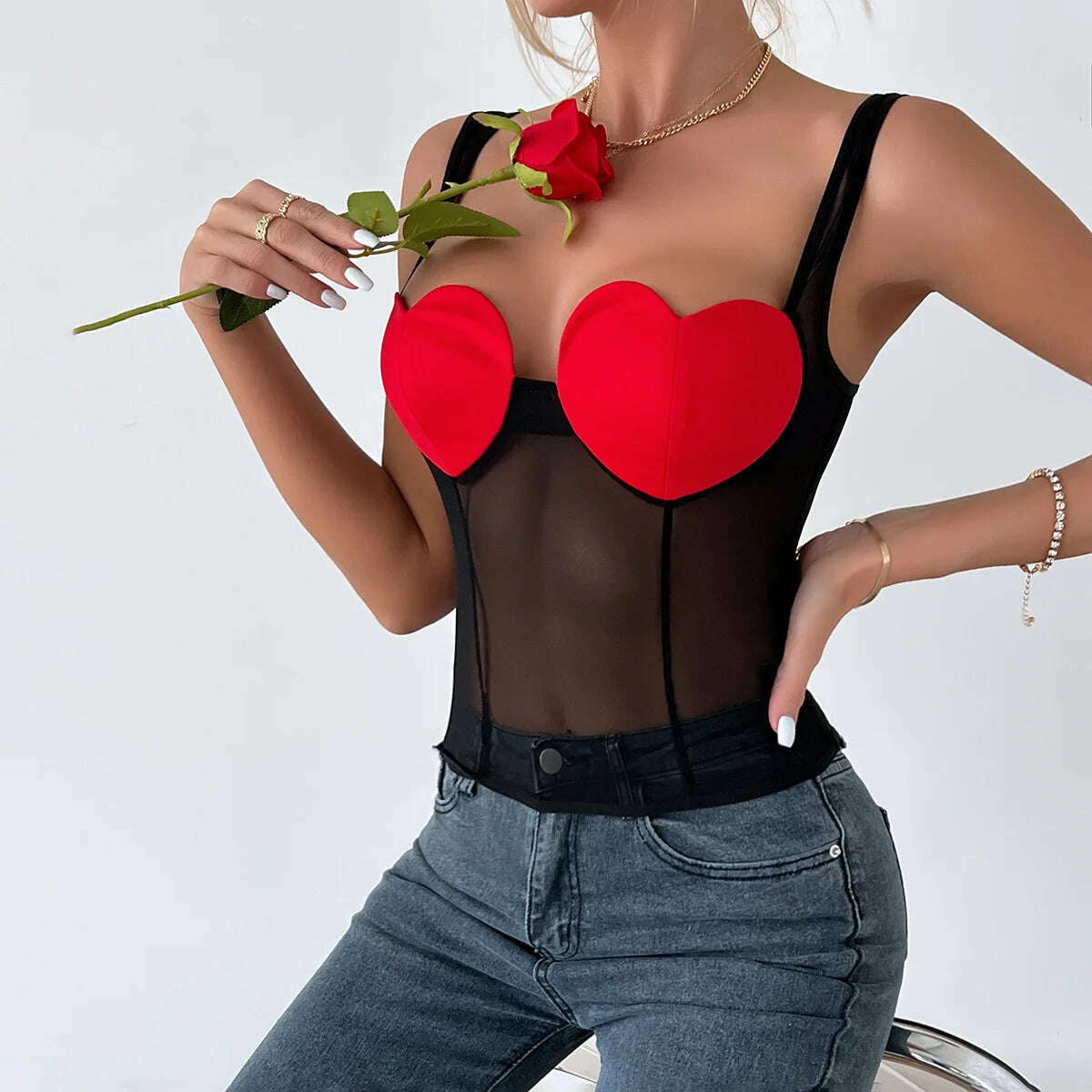 KIMLUD, BornToGirl Women's Y2K Streetwear Sleeveless Sexy Perspective Mesh Sling Black Red Love Crop Top Tank Tops, KIMLUD Womens Clothes