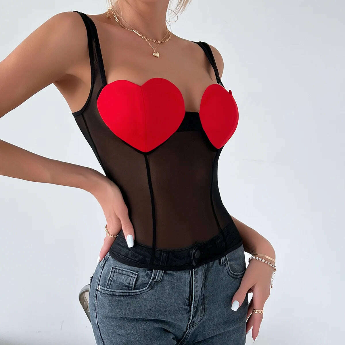 KIMLUD, BornToGirl Women's Y2K Streetwear Sleeveless Sexy Perspective Mesh Sling Black Red Love Crop Top Tank Tops, KIMLUD Womens Clothes