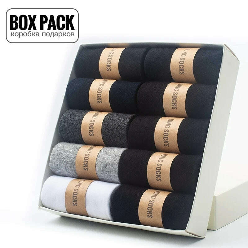 Box Pack Men's Cotton Socks 10Pairs/Box Black Business Men Socks Soft Breathable Summer Winter for Man Boy's Gift Size EUR39-45 - KIMLUD