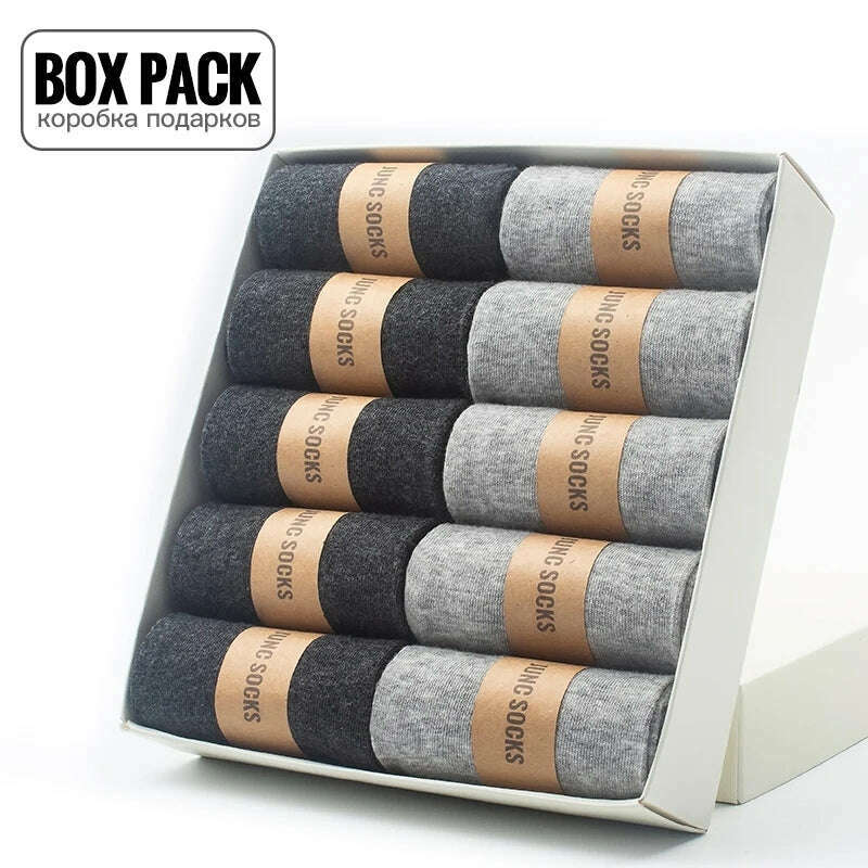 Box Pack Men's Cotton Socks 10Pairs/Box Black Business Men Socks Soft Breathable Summer Winter for Man Boy's Gift Size EUR39-45 - KIMLUD