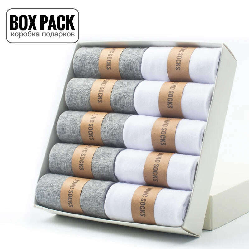 KIMLUD, Box Pack Men's Cotton Socks 10Pairs/Box Black Business Men Socks Soft Breathable Summer Winter for Man Boy's Gift Size EUR39-45, 5 Grey 5 White / China / EUR39-45(US6.5-11), KIMLUD Womens Clothes