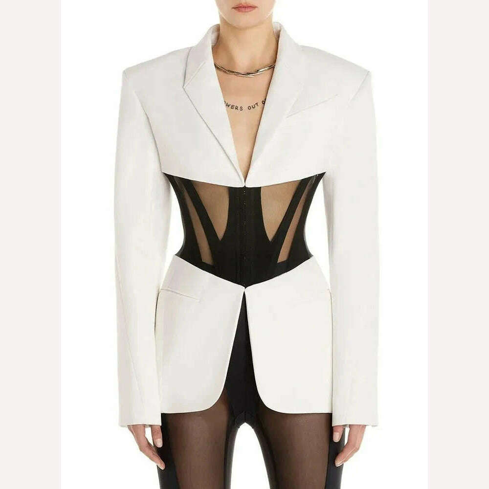 BPN Sexy Patchwork Sheer Mesh Blazer For Women Notched Collar Long Sleeve Hit Color Slim Blzers Female Fashion Clothing New 2023 - KIMLUD