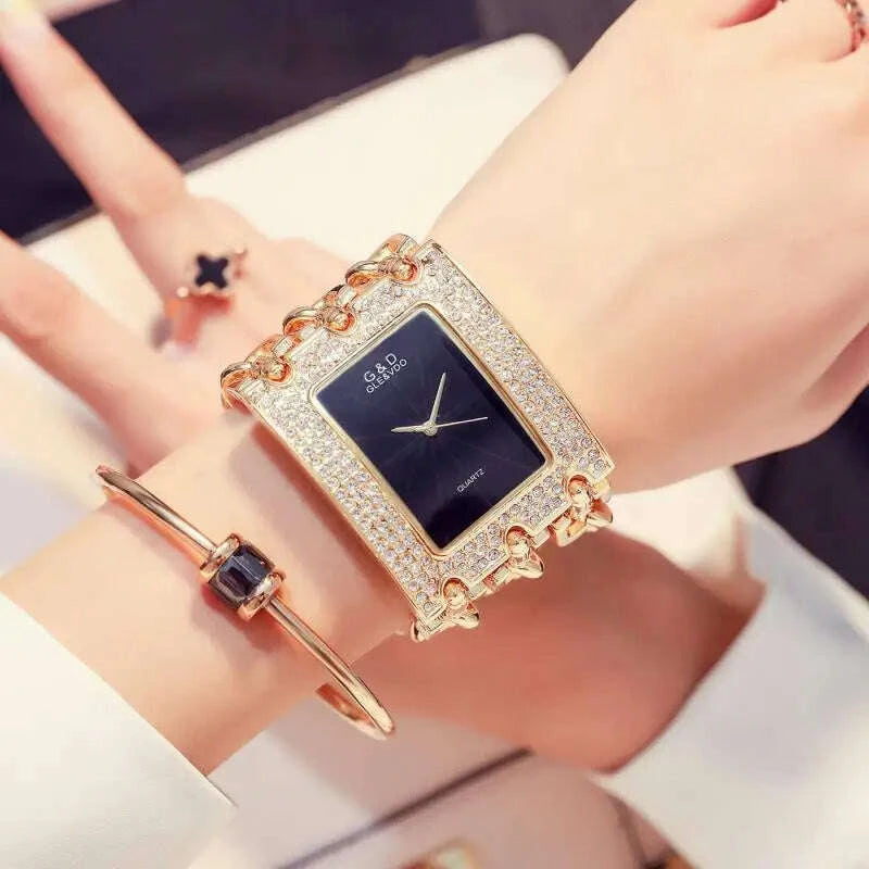 Bracelet Watch - Three Chain Rhinestone - Alloy Case - Golden | KIMLUD