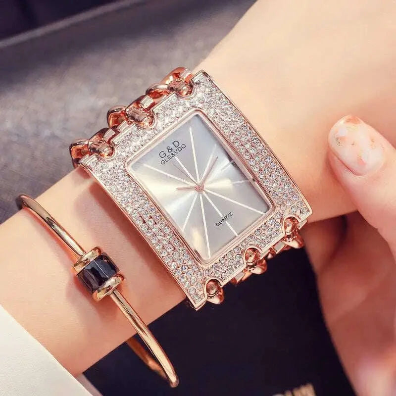 Bracelet Watch - Three Chain Rhinestone - Alloy Case - Golden | KIMLUD