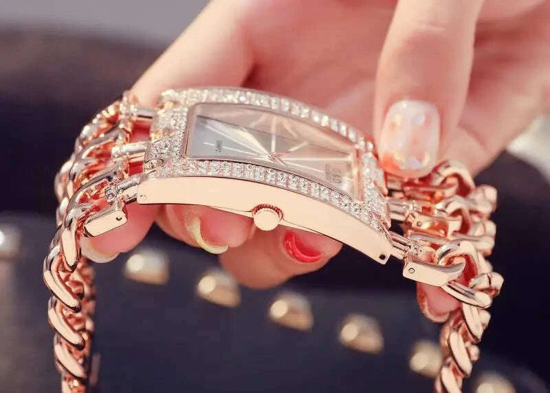 Bracelet Watch - Three Chain Rhinestone - Alloy Case - Golden | KIMLUD