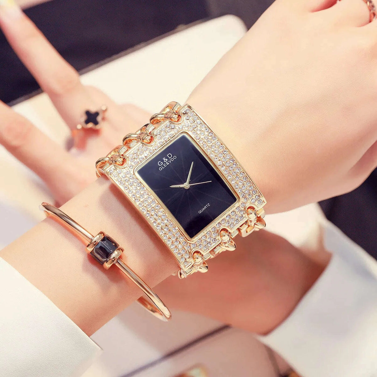 Bracelet Watch - Three Chain Rhinestone - Alloy Case - Golden | KIMLUD