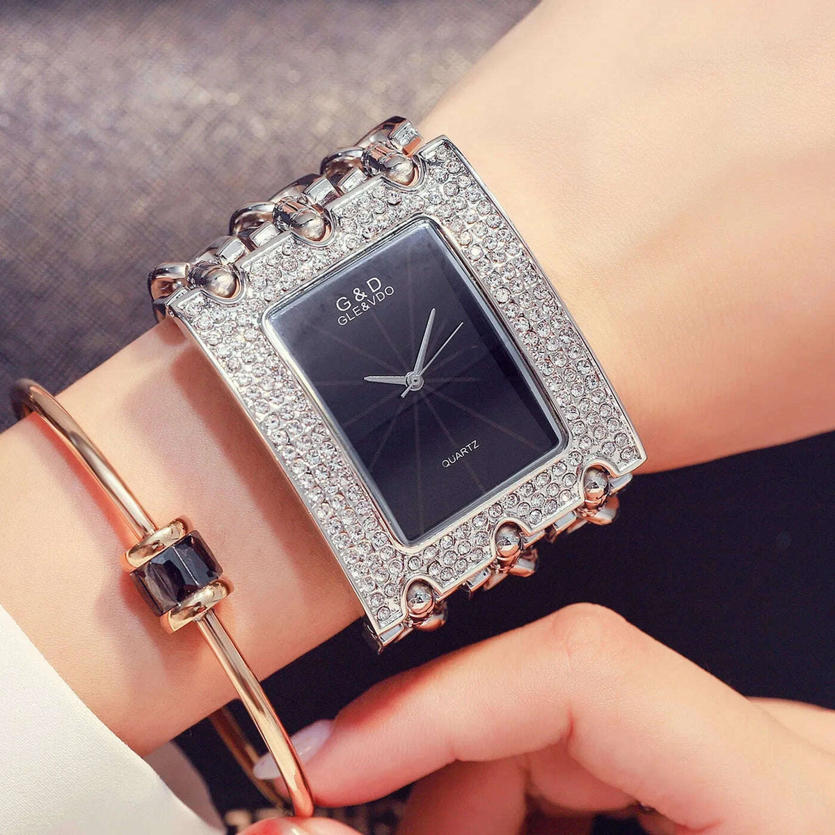 Bracelet Watch - Three Chain Rhinestone - Alloy Case - Golden | KIMLUD