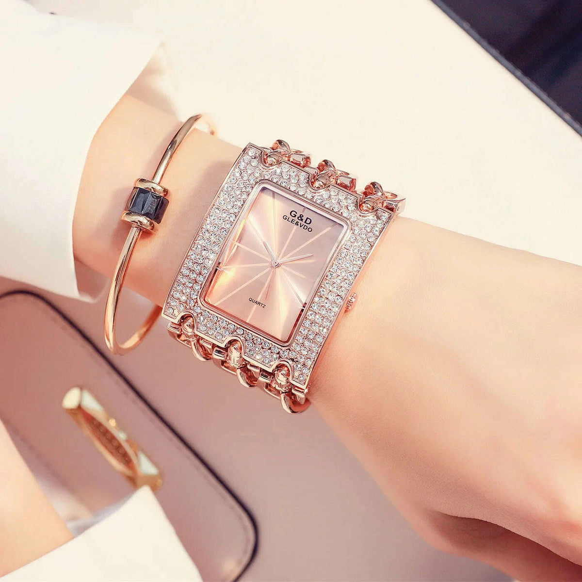 Bracelet Watch - Three Chain Rhinestone - Alloy Case - Golden | KIMLUD