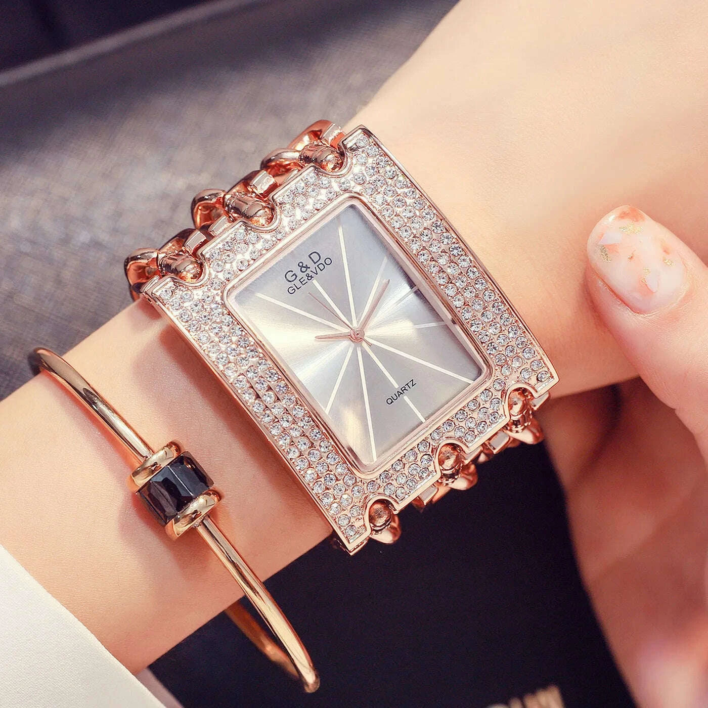 Bracelet Watch - Three Chain Rhinestone - Alloy Case - Golden | KIMLUD