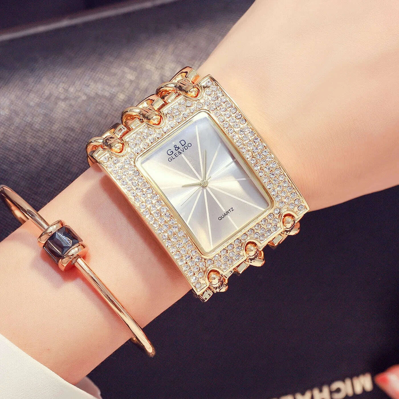 Bracelet Watch - Three Chain Rhinestone - Alloy Case - Golden | KIMLUD