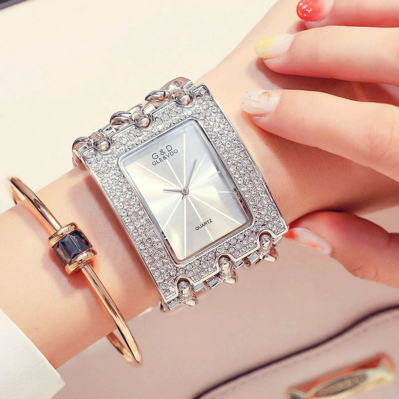 Bracelet Watch - Three Chain Rhinestone - Alloy Case - Golden | KIMLUD