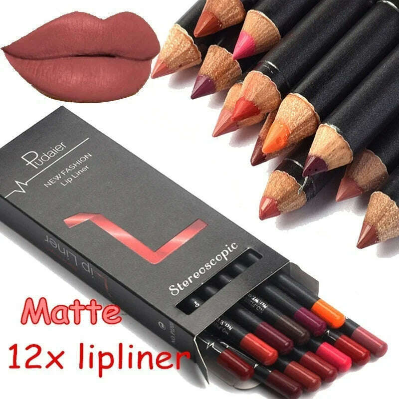 KIMLUD, Brand 12 Colors Lip Liner Pencil Nude Matte Lipliner Moisturizing Waterproof Long Lasting Lipstick Liner Professional Makeup Kit, KIMLUD Women's Clothes