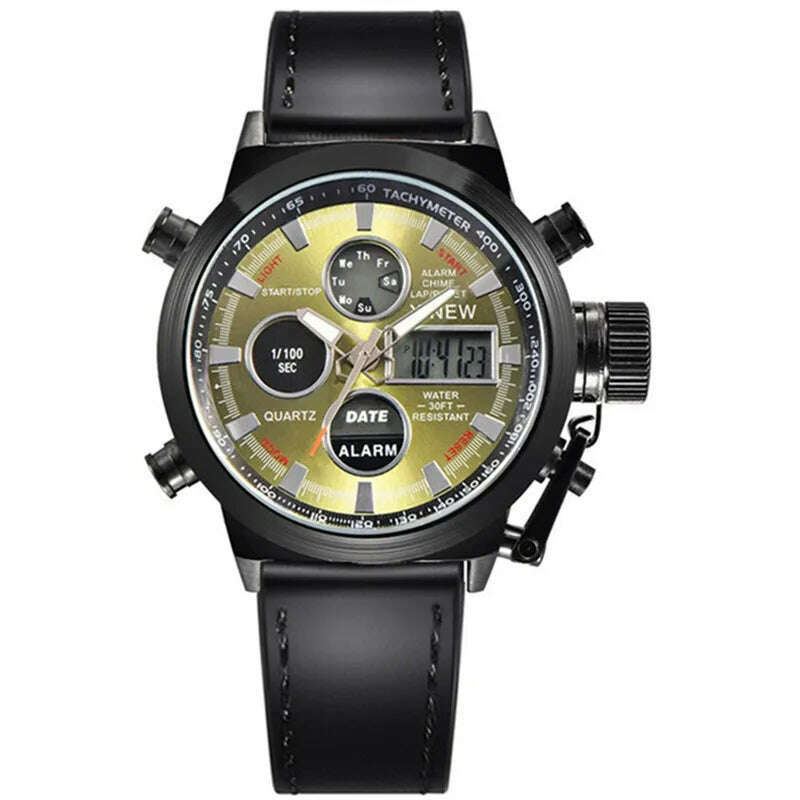KIMLUD, Brand Chronograph Business Watch For Men Fashion Leather Band Alarm Stopwatch Multi-function Movement Electronic Clock Black, black black gold / CHINA, KIMLUD APPAREL - Womens Clothes
