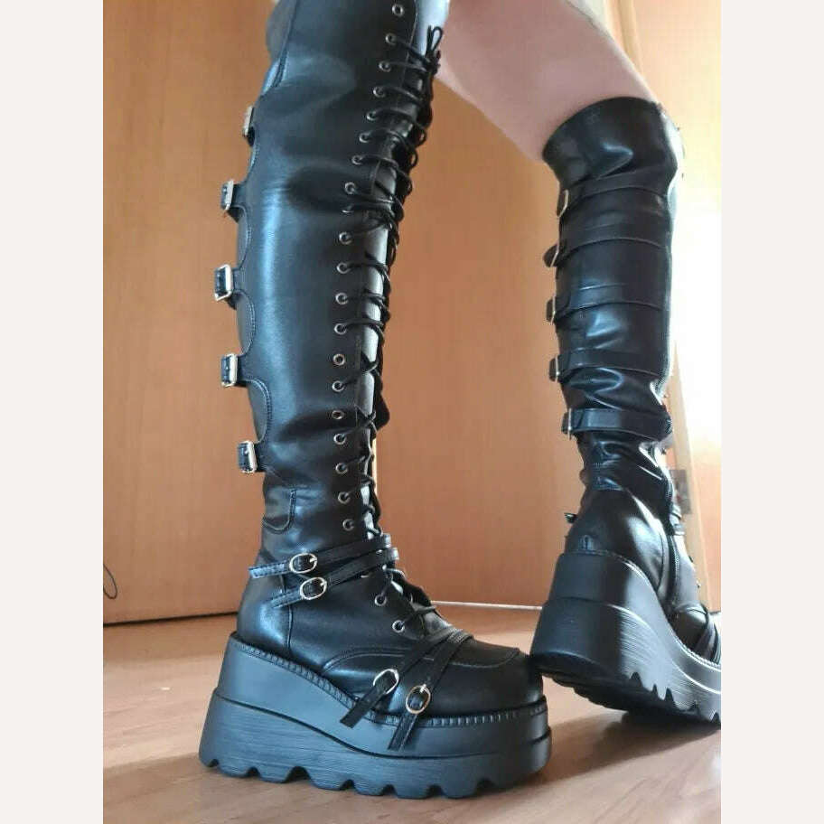 Brand Design Big Size 43 Shoelaces Motorcycles Boots Buckles Platform Wedges High Heels Thigh High Boots Women Shoes, KIMLUD Women's Clothes