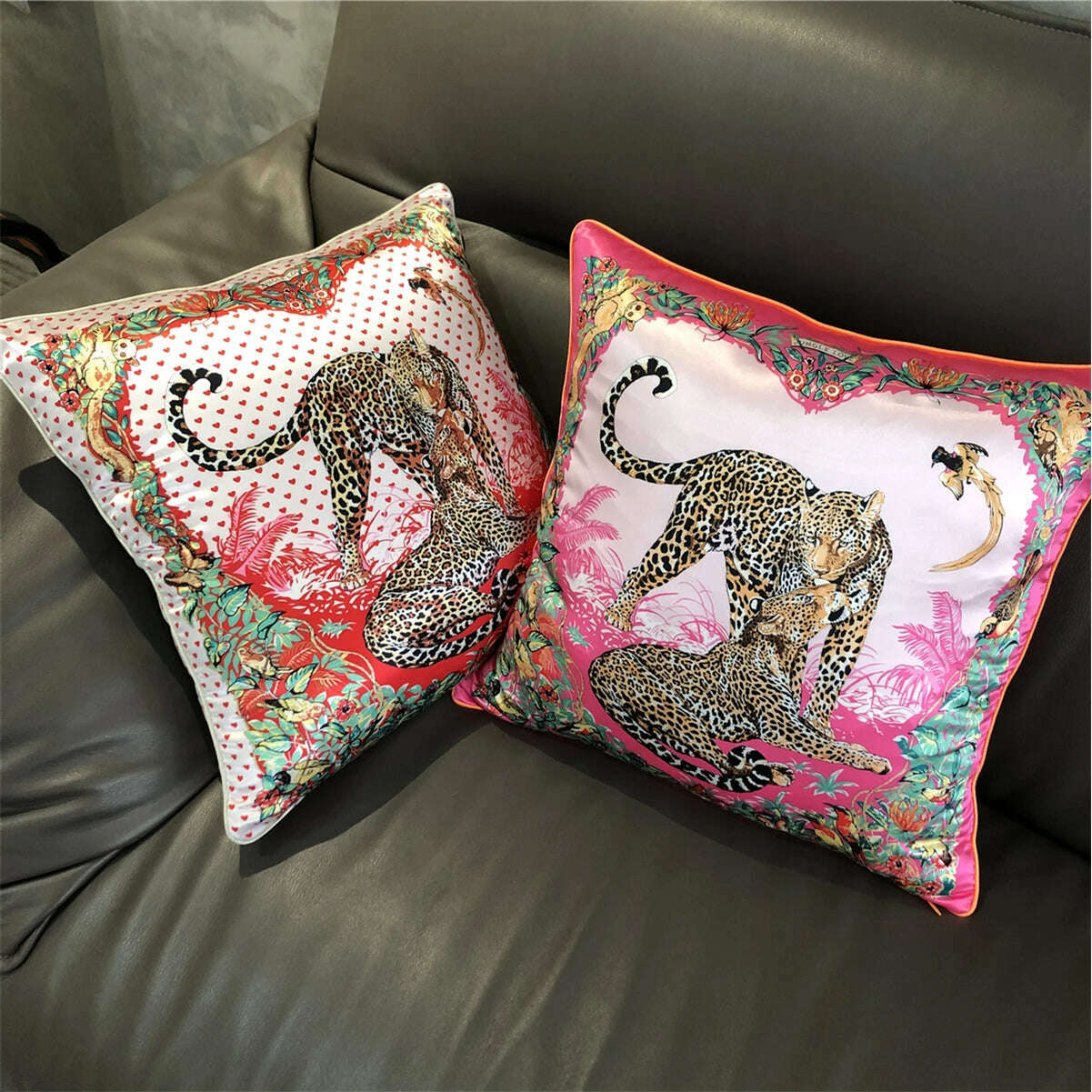 KIMLUD, Brand Design Two Leopards Silk Throw Pillow Fashion Pillowcase Sofa Chair Car Lumbar Pillow Cushion Cover Back Cushion 2022 New, KIMLUD Womens Clothes